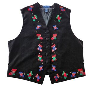Vintage Karen Scott Black Velvet Vest Christmas Stocking Jingle Bells Women L